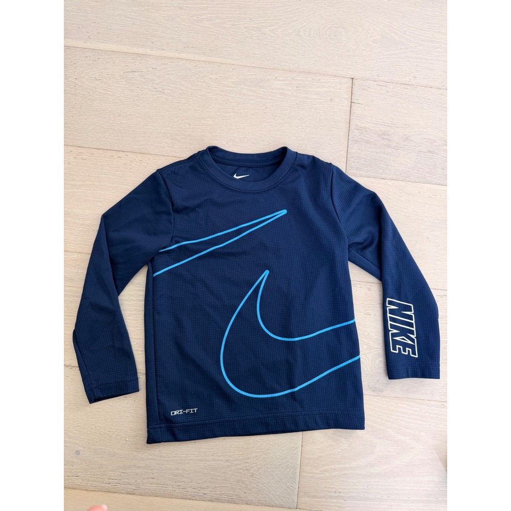 Nike Boys Dri-FIT Navy Blue Long Sleeve Graphic Swoosh Shirt 6 M 5-6 YR F453-U90